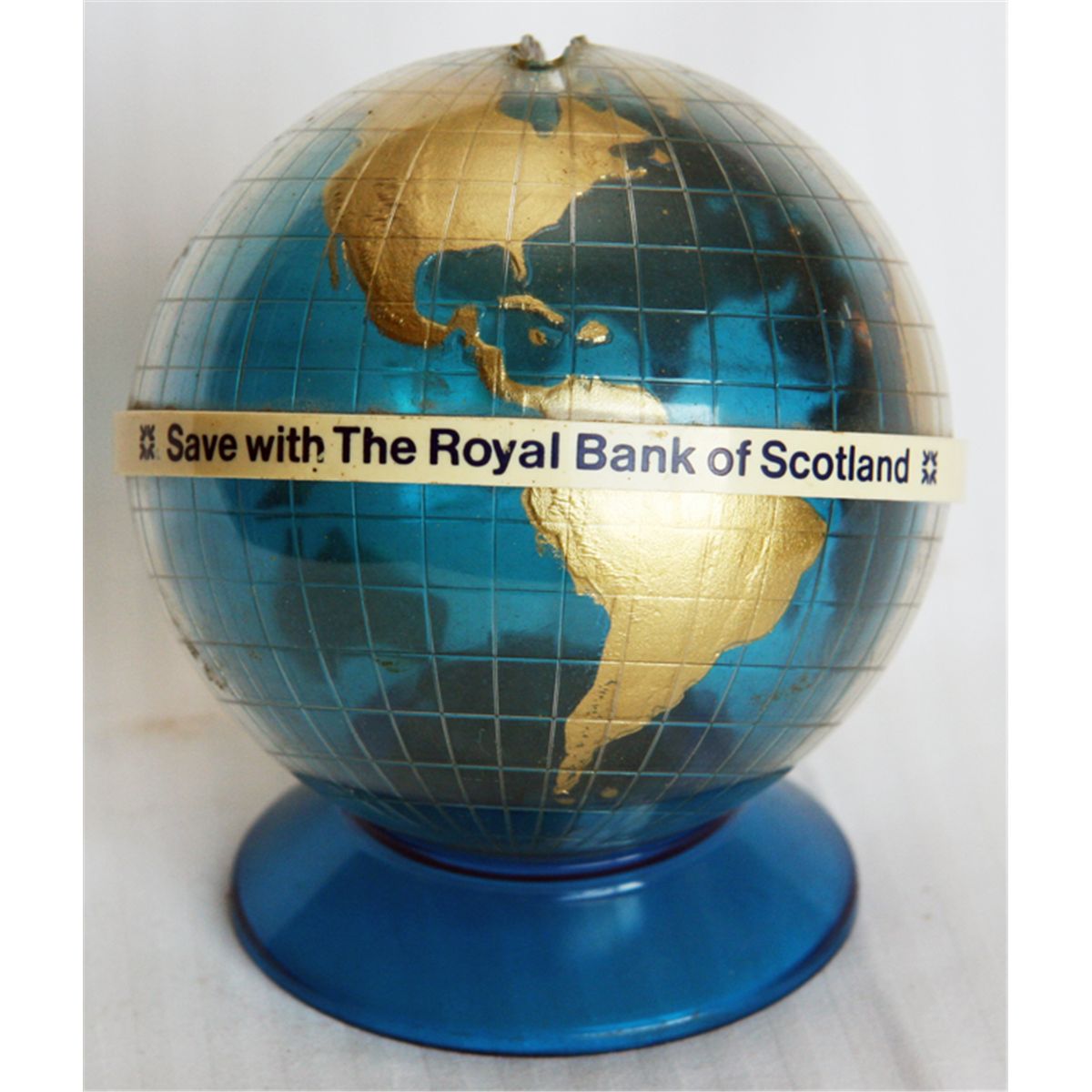 SAVE WITH THE ROYAL BANK OF SCOTLAND. A blue, gold and white plastic