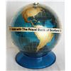 Image 1 : SAVE WITH THE ROYAL BANK OF SCOTLAND. A blue, gold and white plastic globe shaped bank. Coin slot on