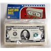 Image 1 : SAVINGS BOX. A plastic bank in the shape of a Stack of U.S. $100.00 Bills. Coin slot on top. Key pre