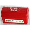 Image 1 : WALES SAVINGS BANK/MY TREASURE CHEST. A ‘treasure chest’ shaped, red plastic bank. Coin slot on side