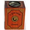 Image 1 : A SAFE BANK’/CANADA. A rectangular shape wood bank. Decals of a safe and dial on front. Coin slot on