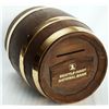 Image 1 : SEATTLE-FIRST NATIONAL BANK. Wine Barrel shaped. Coin slot on top. A wood appearing, plastic bank, w