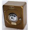 Image 1 : A Safe or Vault shaped bank. Coin slot on back. 10cm x 6cm x 12cm high. Steel, with a gold finish, a