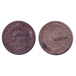 Breton-989. LC-52. One Penny Token. 1814. R.H. Punch mark on obverse, flaw on reverse. EF.