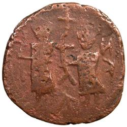 ARAB-BYZANTINE: Two Standing Figures, late 7th century, AE fals (8.02g), NM, ND