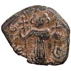 ARAB-BYZANTINE: Standing Emperor, ca. 660s-680s or later, AE fals (2.53g), NM