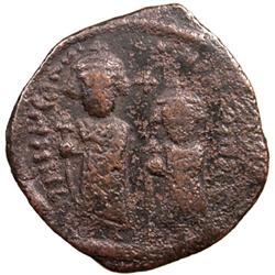 ARAB-BYZANTINE: Justin & Sophia type, 7th century, AE follis (10.57g), NM, "year 8"