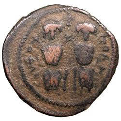 ARAB-BYZANTINE: Justin & Sophia type, ca. 675-700, AE follis (6.73g), Scythopolis (Baysan), "year 7"