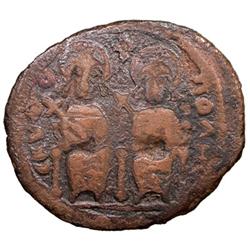 ARAB-BYZANTINE: Justin & Sophia type, ca. 675-700, AE follis (10.61g), Scythopolis (Baysan), "year 7