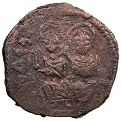 ARAB-BYZANTINE: Justin & Sophia type, ca. 675-700, AE follis (12.45g), Gerason (Jerash), "year 12"