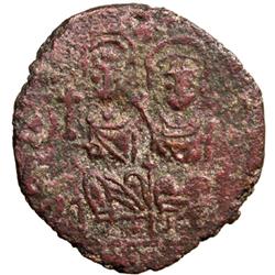 ARAB-BYZANTINE: Justin & Sophia type, ca. 675-700, AE follis (10.23g), Gerason (Jerash), "year 13"