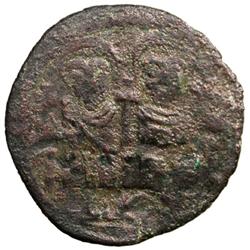 ARAB-BYZANTINE: Justin & Sophia type, ca. 675-700, AE follis (6.53g), Gerason (Jerash), "year 13"