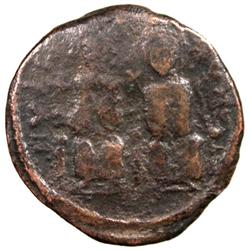 ARAB-BYZANTINE: Justin & Sophia type, late 7th century, AE follis (8.22g) (Gerash?), "year 6"