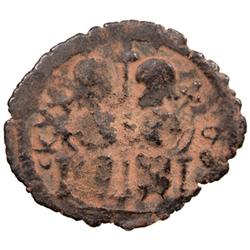 ARAB-BYZANTINE: Justin & Sophia type, ca. 675-700, AE 1/2 follis (2.29g), Scythopolis (Baysan), "yea