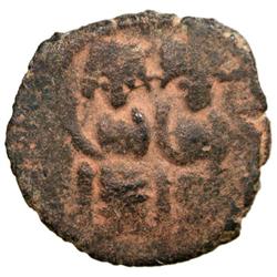 ARAB-BYZANTINE: Justin & Sophia type, ca. 675-700, AE 1/2 follis (3.24g), Scythopolis (Baysan), "yea