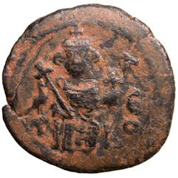 ARAB-BYZANTINE: Enthroned Emperor Type, ca. 680s, AE fals (3.61g), Dimashq, "year 17"