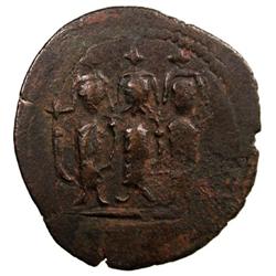 ARAB-BYZANTINE: Three Standing Figures, ca. 680-705, AE fals (4.11g), Tabariya, ND