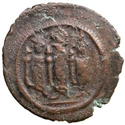 ARAB-BYZANTINE: Three Standing Figures, ca. 685-700, AE fals (4.44g), Tabariya