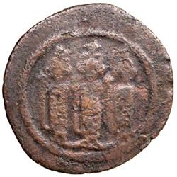 ARAB-BYZANTINE: Three Standing Figures, ca. 685-700, AE fals (3.75g), Tabariya
