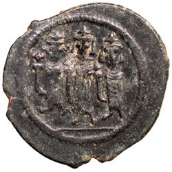 ARAB-BYZANTINE: Three Standing Figures, ca. 685-700, AE fals (5.48g), Tabariya