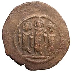 ARAB-BYZANTINE: Three Standing Figures, ca. 685-700, AE fals (4.64g), Tabariya
