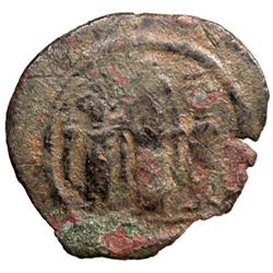 ARAB-BYZANTINE: Three Standing Figures, ca. 685-700, AE fals (4.14g), Tabariya
