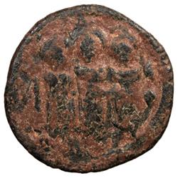 ARAB-BYZANTINE: Three Standing Figures, ca. 685-690, AE fals (3.24g), Tabariya