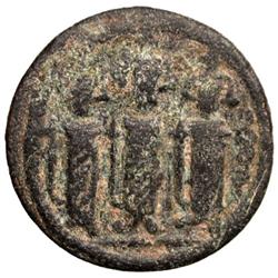 ARAB-BYZANTINE: Three Standing Figures, ca. 685-700, AE fals (2.83g), Tabariya
