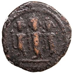 ARAB-BYZANTINE: Three Standing Figures, ca. 685-700, AE fals (4.17g), Tabariya