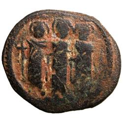 ARAB-BYZANTINE: Three Standing Figures, ca. 685-700, AE fals (3.42g), Tabariya