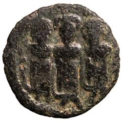 ARAB-BYZANTINE: Three Standing Figures, ca. 695-705, AE fals (3.00g), Tabariya