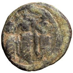 ARAB-BYZANTINE: Three Standing Figures, ca. 695-705, AE fals (2.78g), Tabariya