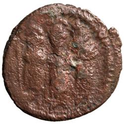 ARAB-BYZANTINE: Three Standing Figures, ca. 695-705, AE fals (2.77g), Tabariya