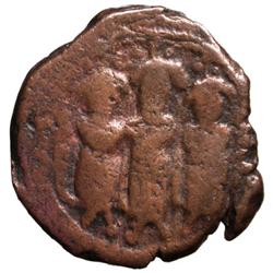 ARAB-BYZANTINE: Three Standing Figures, ca. 695-705, AE fals (3.74g), Tabariya