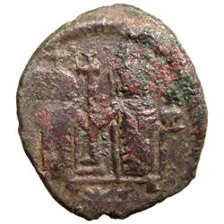 ARAB-BYZANTINE: Two Standing Figures, ca. 680s, AE fals (4.65g), Dimashq