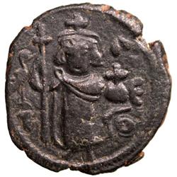 ARAB-BYZANTINE: Standing Emperor Type, ca. 680s, AE fals (3.15g), Dimashq, "year 17"