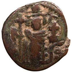 ARAB-BYZANTINE: Standing Emperor Type, ca. 680s, AE fals (3.26g), Dimashq, "year 17"