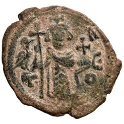 ARAB-BYZANTINE: Standing Emperor Type, ca. 680s, AE fals (3.82g), Dimashq, "year 17"