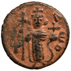 ARAB-BYZANTINE: Standing Emperor Type, ca. 680s, AE fals (3.16g), Dimashq, "year 17"