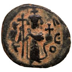 ARAB-BYZANTINE: Standing Emperor Type, ca. 680s, AE fals (3.59g), Dimashq, "year 17"
