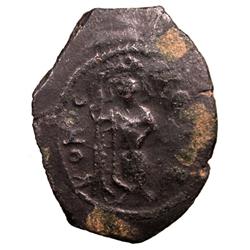 ARAB-BYZANTINE: Standing Emperor type, ca. 670s, AE fals (3.77g), Jerusalem