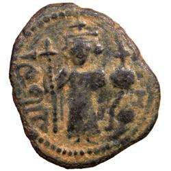 ARAB-BYZANTINE: Standing Emperor, ca. 680s-690s, AE fals (3.57g), NM