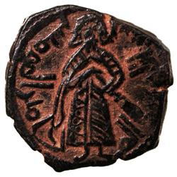 ARAB-BYZANTINE: Standing Caliph type, ca. 690s, AE fals (3.66g), Halab, ND