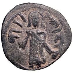 ARAB-BYZANTINE: Standing Caliph, ca. 690s, AE fals (2.65g), Iliya (Jerusalem)
