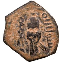 ARAB-BYZANTINE: Standing Caliph, ca. 685-700, AE fals (2.95g), Ludd