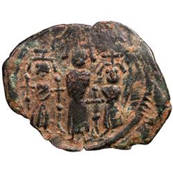 ARAB-BYZANTINE: Three standing figures, ca. 640s, AE fals (5.84g), "Cyprus"