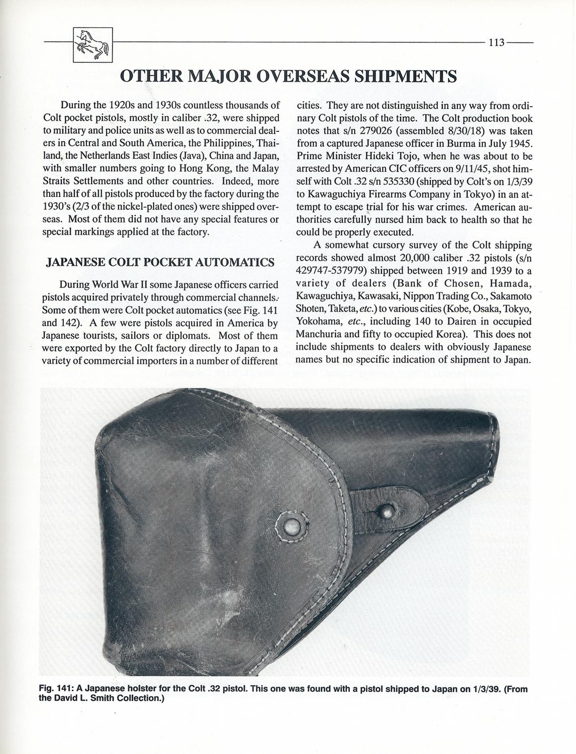 Colt Model 1908 Pocket Hammerless SemiAutomatic Pistol with a Rare Japanese Style Holster