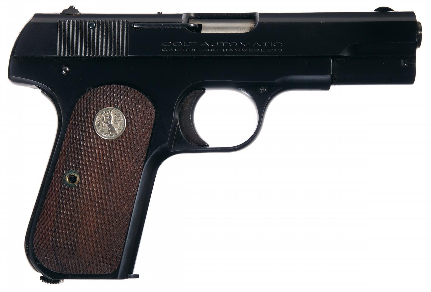 Colt Model 1908 Pocket Hammerless SemiAutomatic Pistol with a Rare Japanese Style Holster