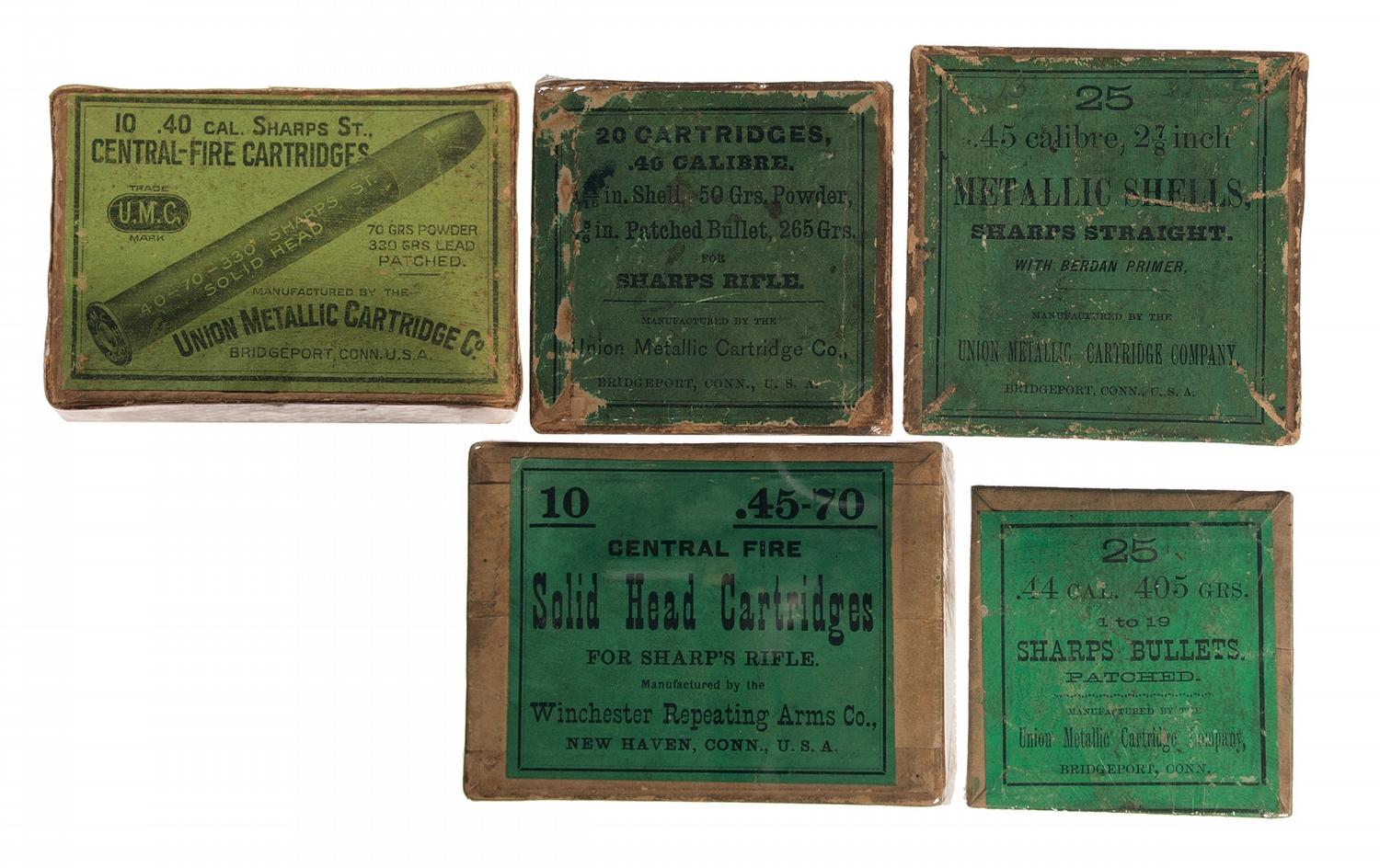 Five Vintage Sharps Rifle Ammunition Boxes
