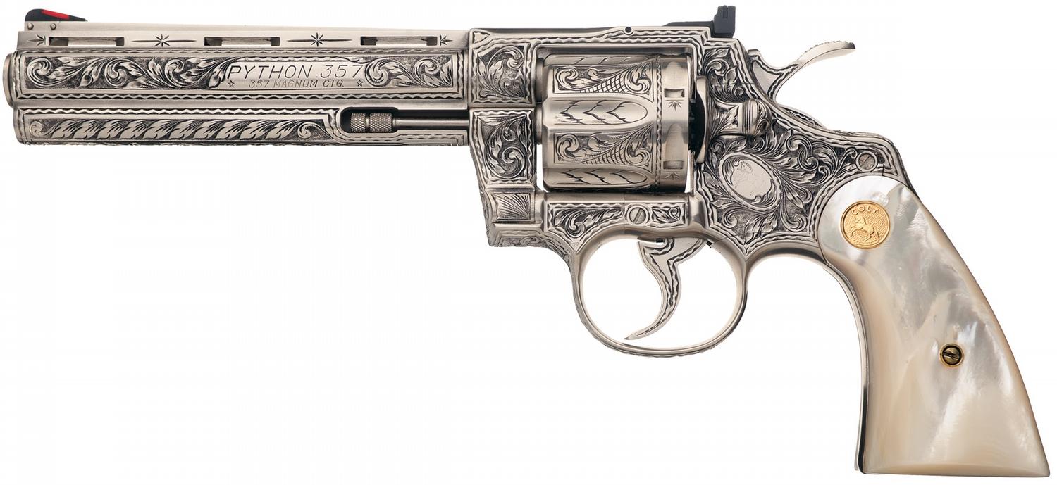 Cased Custom Engraved Colt Python Double Action Revolver with Pearl Grips